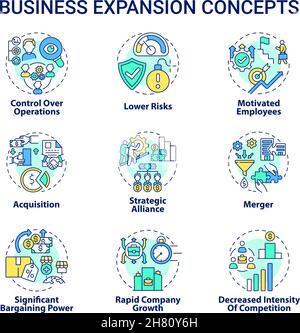Set di icone del concetto di espansione aziendale Illustrazione Vettoriale