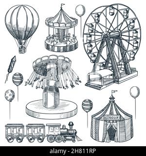 Collezione di elementi di design del parco divertimenti. Illustrazione dello schizzo disegnata a mano vettoriale. Tenda circo, giostra, icone isolate ruota di ferro. Carnevale e att Illustrazione Vettoriale