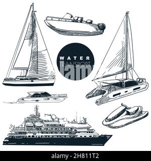 Raccolta di elementi di progettazione per il trasporto di recipienti d'acqua. Illustrazione dello schizzo disegnata a mano vettoriale. Elementi di design del veicolo. Barche a vela, nave da crociera, icona yacht Illustrazione Vettoriale