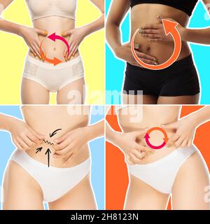 Ventagli femmina con frecce disegnate. Perdita di grasso, liposuzione e rimozione di cellulite concetto. Problema metabolico buono e veloce. Collage Foto Stock