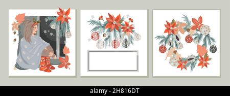 Set di biglietti d'auguri per Natale e Capodanno o poster per il web e social network, illustrazione vettoriale piatta. Collezione vacanze di Natale Illustrazione Vettoriale