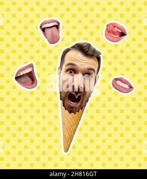 Collage d'arte contemporanea di testa maschile in cono gelato e bocca femminile intorno isolato su sfondo giallo. Foto Stock
