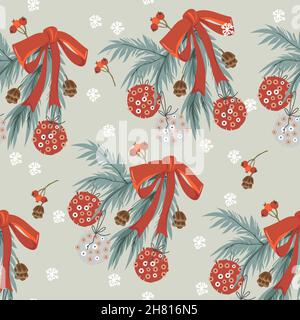 Natale senza cuciture modello senza fine con ramo di abete rosso. Texture decorativa ripetibile per Natale con elementi naturali, vettore illustrati Illustrazione Vettoriale