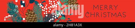 Allegro banner web di Natale illustrazione di verde naturale inverno decorazione piante e alberi di pino ornamenti. Holiday Card per festeggiamenti natalizi. Illustrazione Vettoriale