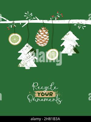 Allegro Eco Natale biglietto di auguri illustrazione di natura riciclata ornamenti vacanza con ramo pino albero. Zero sprechi disegno a mano cartoon per xm Illustrazione Vettoriale