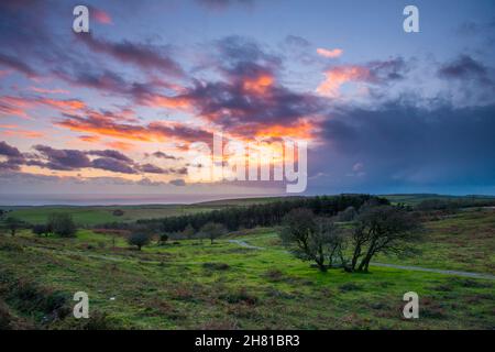 Portesham, Dorset, Regno Unito. 26 novembre 2021. Meteo Regno Unito. Le nuvole scure della doccia sono illuminate dal tramonto a Black Down vicino Portesham in Dorset davanti alla tempesta che si avvicina Arwen che è dovuto colpire durante la notte. Picture Credit: Graham Hunt/Alamy Live News Foto Stock