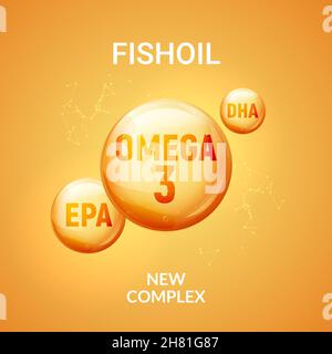 Olio di vitamina grassa Omega 3. Acido grasso capsula oro olio di pesce omega 3, 6, 9 Illustrazione Vettoriale
