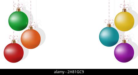 Palline colorate realistiche dell'albero di Natale su sfondo bianco. Sfondo di Capodanno o Natale con decorazioni natalizie e spazio per il testo. Moderno Illustrazione Vettoriale