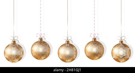 Set di palline realistiche dell'albero di Natale d'oro con un modello. Palle d'oro dell'albero di Natale appese su sfondo bianco. Giocattoli albero di Natale. Oro e bianco Illustrazione Vettoriale