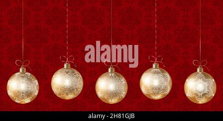 Set di palle d'oro appese per l'albero di Natale su sfondo rosso. Capodanno o sfondo natalizio con giocattoli per alberi di Natale e spazio per il testo. Rosso Illustrazione Vettoriale