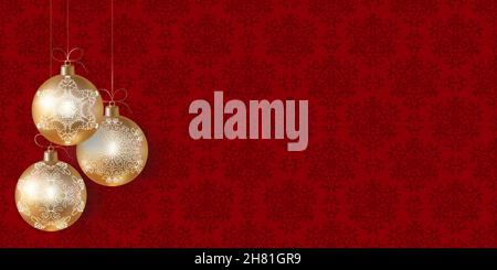 Nuovo anno o Natale sfondo rosso motivi con oro realistico albero palle di Natale e spazio per il testo. Sfondo con giocattoli di Natale. Rosso e. Illustrazione Vettoriale