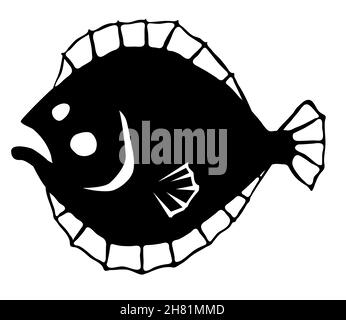 Halibut pesce stencil nero, illustrazione vettoriale, orizzontale, isolato Illustrazione Vettoriale