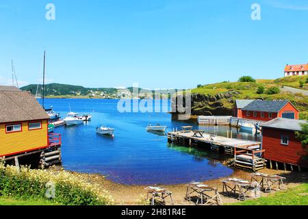 Villaggio di pescatori, scena del porto; pesce che asciuga su palcoscenici, barche ormeggiate al molo, Trinity, Terranova Labrador. Foto Stock