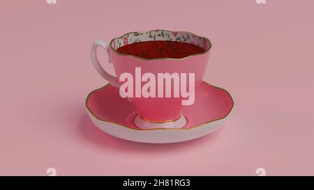 Un teacup rosa con tè su un piatto. L'interno del teacup ha un motivo floreale e ha anche una finitura dorata. Si siede su uno sfondo rosa chiaro. Foto Stock