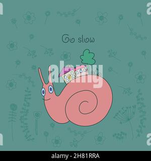 Illustrazione del vettore a vita lenta. Lumaca e testo disegnato a mano Go Slow su sfondo verde. Illustrazione Vettoriale