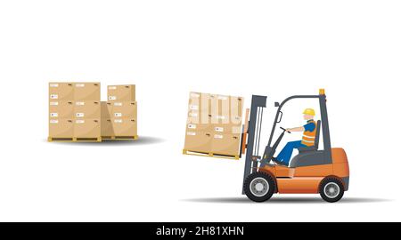 Un carrello elevatore industriale con conducente trasporta pallet con scatole. Consegna, logistica e consegna delle merci. Illustrazione vettoriale piatta. Illustrazione Vettoriale