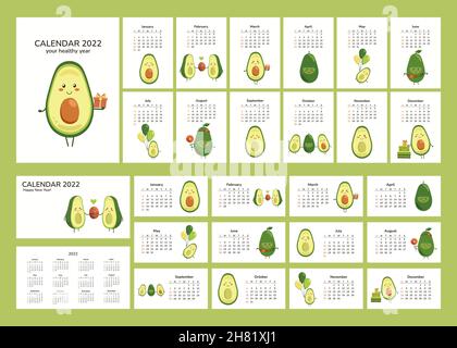Set di calendari 2022 con carino avocado kawaii. Calendario A4 orizzontale e verticale 2022. Modello vettoriale piano scrivania a parete aziendale. Pagine e. Illustrazione Vettoriale