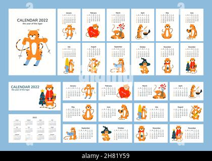 Set di calendari 2022 con tigre. Oroscopo cinese. Calendario A4 orizzontale e verticale 2022. Felice Anno Nuovo. Set di 12 pagine mensili e copertina Illustrazione Vettoriale