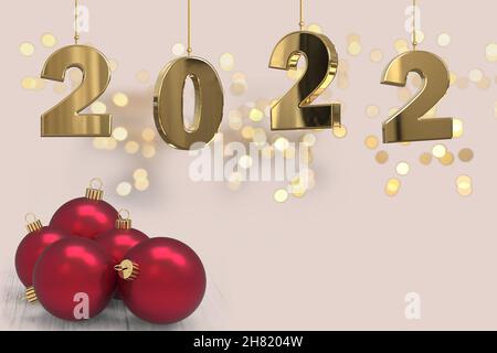 felice anno nuovo - 2022 splendide cifre dorate grasse e audaci appese su archi con baubles rosso lucido sotto il cremoso sfondo bokeh Foto Stock