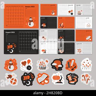 Planner 2022 in stile tigre. Adesivi per pianificatore. Stagioni. Set di 12 pagine mensili. Modello di vettore di pianificazione dell'agenda elettronica. Calendario da tavolo da parete Illustrazione Vettoriale