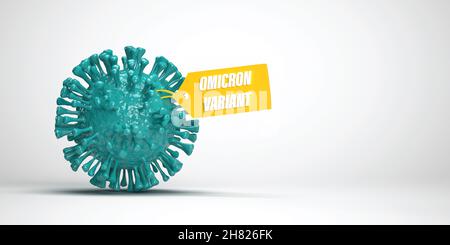 Ultime notizie: Scoppio della nuova variante B.1.1.529-COVID-19. CHE ha classificato il nuovo virus mutato come variante Omicron. Illustrazione con rendering 3D Foto Stock