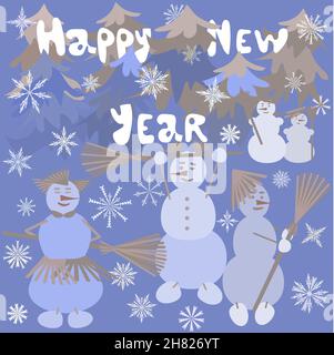 biglietto di natale divertente snowmen con scopa Illustrazione Vettoriale