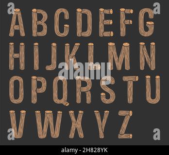 Legno dipinto vettore abc, font, 3D, alfabeto Illustrazione Vettoriale