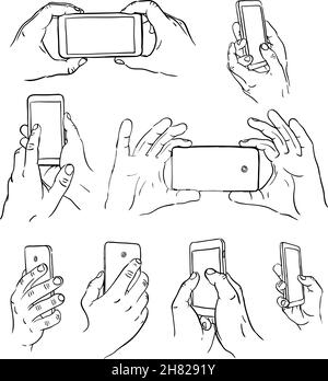 Mani disegnate a mano con telefono cellulare. Illustrazione vettoriale Illustrazione Vettoriale