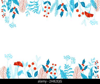 Cornice invito buon Natale e Capodanno. Modello festivo invernale xmas sfondo vuoto. Moderna branca vischio agrifoglio, bacca, pinevconiazione biglietto d'auguri. Poster o banner natalizio, biglietto, volantino Illustrazione Vettoriale