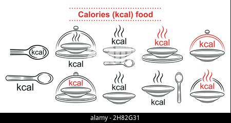 Kcal calorie cibo contorno icona set. Conta che mangia energia di kilocalorie nella dieta. Piastra con cucchiaio. Controllo aspirazione taratura. Cartello di imballaggio nutrizionale. Vettore Illustrazione Vettoriale