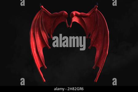 3D Illustrazione Red Dragon Wing, Red Devil Wings, Red Demon Wing piumage isolato su sfondo scuro con Clipping Path. Foto Stock