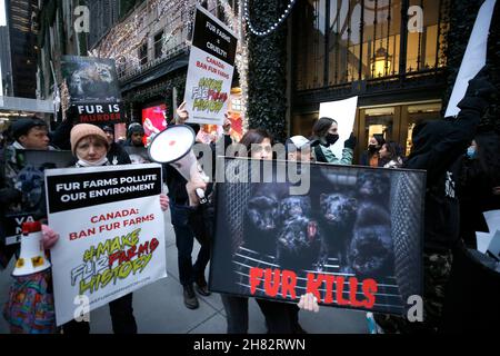 New York, Stati Uniti. 26 novembre 2021. I manifestanti si oppongono alla crudeltà degli animali marciano per le strade con cartelli che cantano slogan il 26 novembre 2021 a New York City USA. Tradizionalmente, le dimostrazioni annuali si sono svolte il Black Friday, il giorno dello shopping più trafficato dell'anno. Come risultato di Fur Free Fridays, le vendite di pellicce sono crumped negli anni '80 e '90, ma le tendenze di moda recenti hanno causato un aumento delle vendite. (Foto di John Lamparski/SIPA USA) Credit: Sipa USA/Alamy Live News Foto Stock