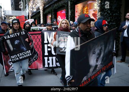 New York, Stati Uniti. 26 novembre 2021. I manifestanti si oppongono alla crudeltà degli animali marciano per le strade con cartelli che cantano slogan il 26 novembre 2021 a New York City USA. Tradizionalmente, le dimostrazioni annuali si sono svolte il Black Friday, il giorno dello shopping più trafficato dell'anno. Come risultato di Fur Free Fridays, le vendite di pellicce sono crumped negli anni '80 e '90, ma le tendenze di moda recenti hanno causato un aumento delle vendite. (Foto di John Lamparski/SIPA USA) Credit: Sipa USA/Alamy Live News Foto Stock