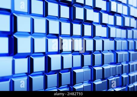 Illustrazione 3d di righe di quadrati blu .set di cubi su sfondo monocromo, pattern. Sfondo della geometria Foto Stock