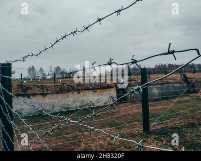 Righe di filo spinato sul confine dello stato. La separazione dei due paesi. Primo piano del filo spinato Foto Stock