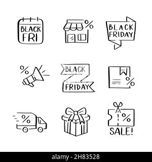Evento annuale di vendita del Black Friday. Tag prezzo scontato, data nel calendario e icone di consegna. Schizzi di Doodle Illustrazione Vettoriale