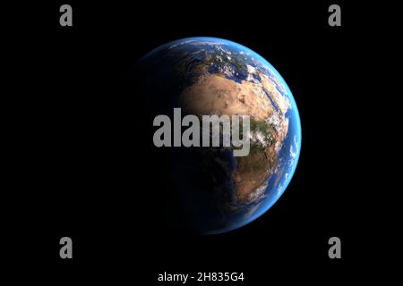 Vista di Planete Earth World Globe dallo spazio su uno sfondo di cielo nero. Elementi di questa immagine forniti dalla NASA. Rendering 3d Foto Stock