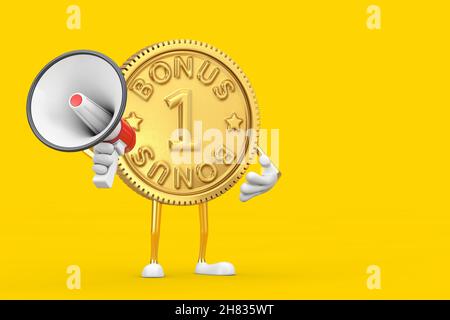 Golden Loyalty Program Bonus Coin persona personaggio Mascot con Red retro Megaphone su sfondo giallo. Rendering 3d Foto Stock