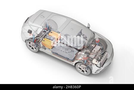 Rendering 3d elettrico generico auto in sezione tecnica con tutti i dettagli principali del sistema EV in effetto fantasma con disegno. Vista prospettica dall'alto su bac bianco Foto Stock