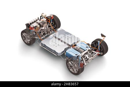 Auto elettrica sotto telaio carrozza. Tutti i dettagli principali del sistema EV, su sfondo bianco. Foto Stock