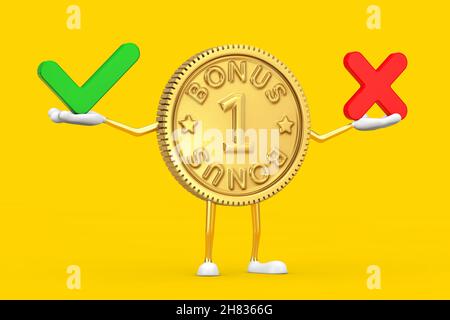 Golden Loyalty Program Bonus Coin persona personaggio Mascot con Croce Rossa e segno di spunta verde, Conferma o nega, Sì o No icona Accedi a un backgr giallo Foto Stock