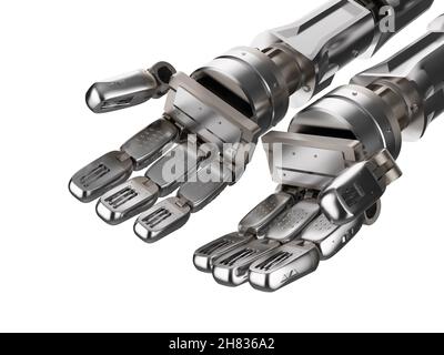 3D rendering mano robotica con il palmo della mano aperta isolata su bianco Foto Stock