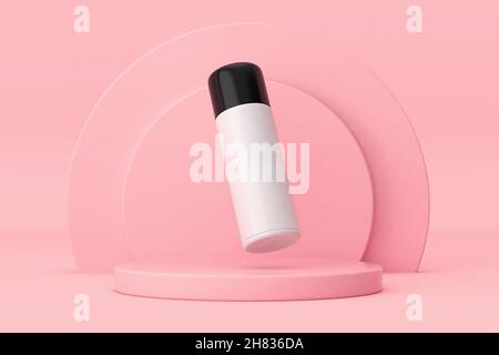 Blank White Hotel bottiglia cosmetica su cilindri rosa prodotti piedistallo su sfondo rosa. Rendering 3d Foto Stock