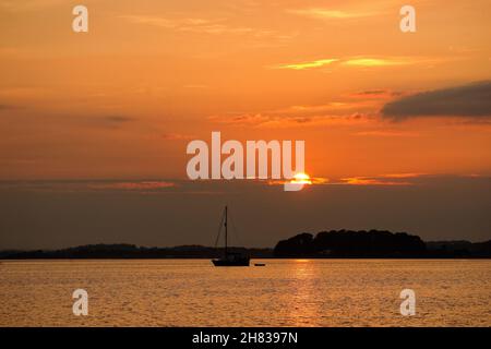 Tramonto su Brownsea Island in Poole Harbour, Inghilterra meridionale Foto Stock