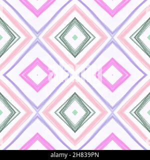 Disegnato a mano dal modello messicano. Quadrati tradizionali senza giunture. Sfondo tribale rosa. Modello messicano. Grunge Ikat Tile. Forme a rombo. Diamante Textur Foto Stock
