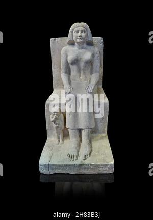 Antica statua gyptiana di Khent con suo figlio Rudju, 2450 a.C., quinta dinastia, necropoli di Giza. Kunsthistorisches Muesum Vienna inv AS 7507. Calcare, Foto Stock