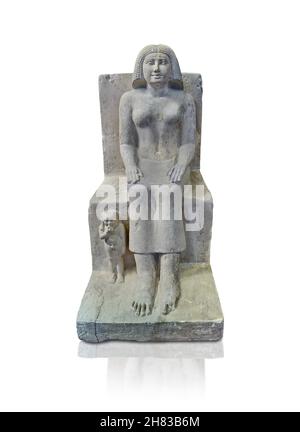 Antica statua gyptiana di Khent con suo figlio Rudju, 2450 a.C., quinta dinastia, necropoli di Giza. Kunsthistorisches Muesum Vienna inv AS 7507. Calcare, Foto Stock