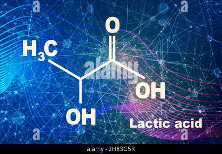Molecola di acido lattico. Formula chimica strutturale. Illustrazione infografica. Linee e punti collegati in background Foto Stock