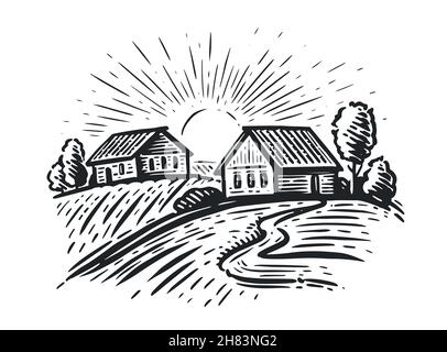 Paesaggio naturale rurale in stile schizzo. Villaggio con alberi e campi Illustrazione Vettoriale