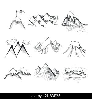 Disegnata a mano snow ice mountain tops icone decorativo isolato illustrazione vettoriale Illustrazione Vettoriale